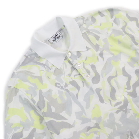 HERMES Short sleeve polo shirt cotton Gray yellow Puzzle Vegetal XL