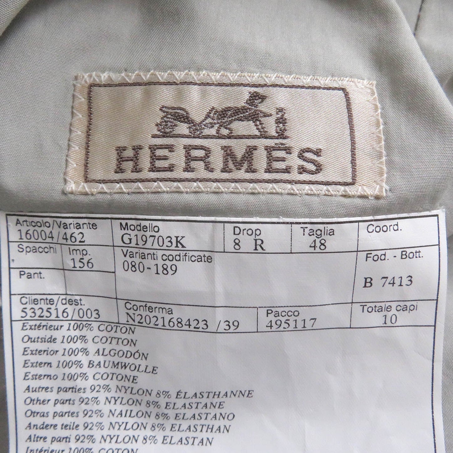 HERMES tailored jacket G19703K Main: 100% cotton, some parts: 92% nylon, some parts: 8% elastane (polyurethane) gray mens 48  d
