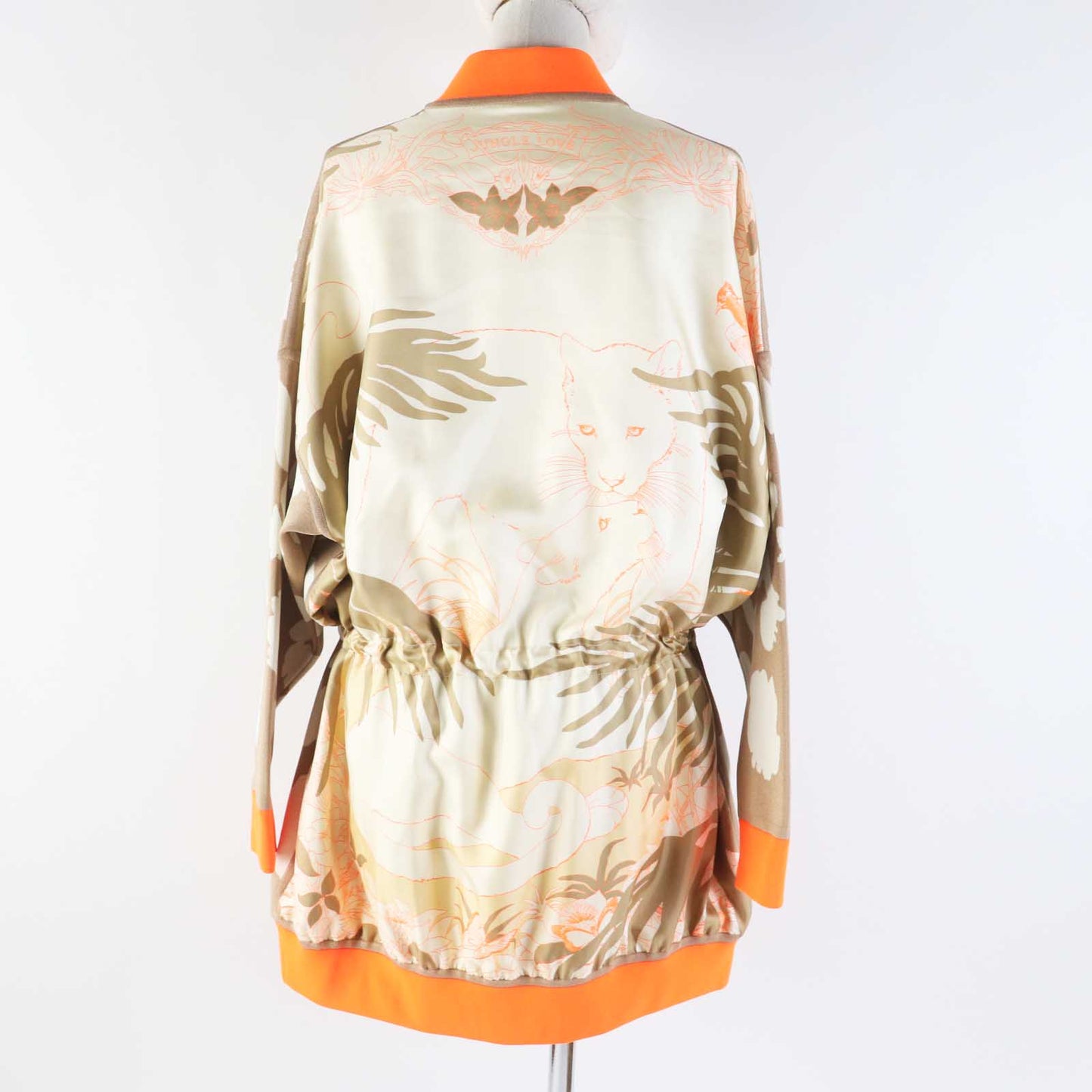 HERMES 2H2816DR Main: 100% silk, knit: 51% silk, 37% polyester, 7% nylon, 5% polyurethane, rib: 69% polyester, 18% nylon, 13% polyurethane, string: 58% silk, 42% polyester Beige Neon Orange JUNGLE LOVE Women 34  d