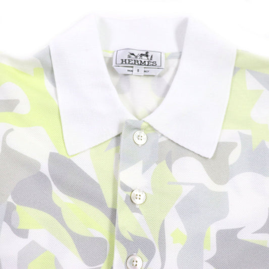 HERMES Short sleeve polo shirt cotton White Gray Yellow Panel Vegetal S
