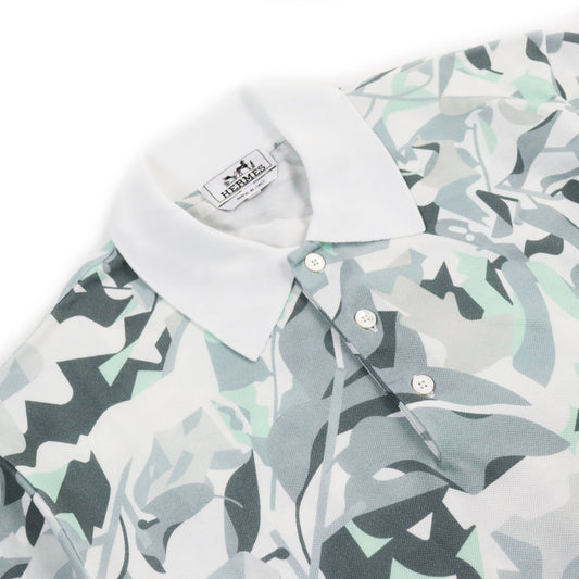 HERMES Short sleeve polo shirt cotton Gray Blue Puzzle Vegetal L