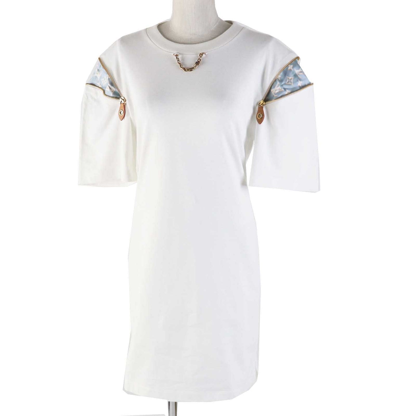 LOUIS VUITTON one piece 1ABRXK Main: 100% cotton, Parts: 70% silk, 30% cotton, Synthetic leather: 60% polyurethane, 20% cotton, 20% polyester, Zipper pull: Cowhide, zinc alloy, brass White light blue Zipper sleeve T-shirt dress Women XS