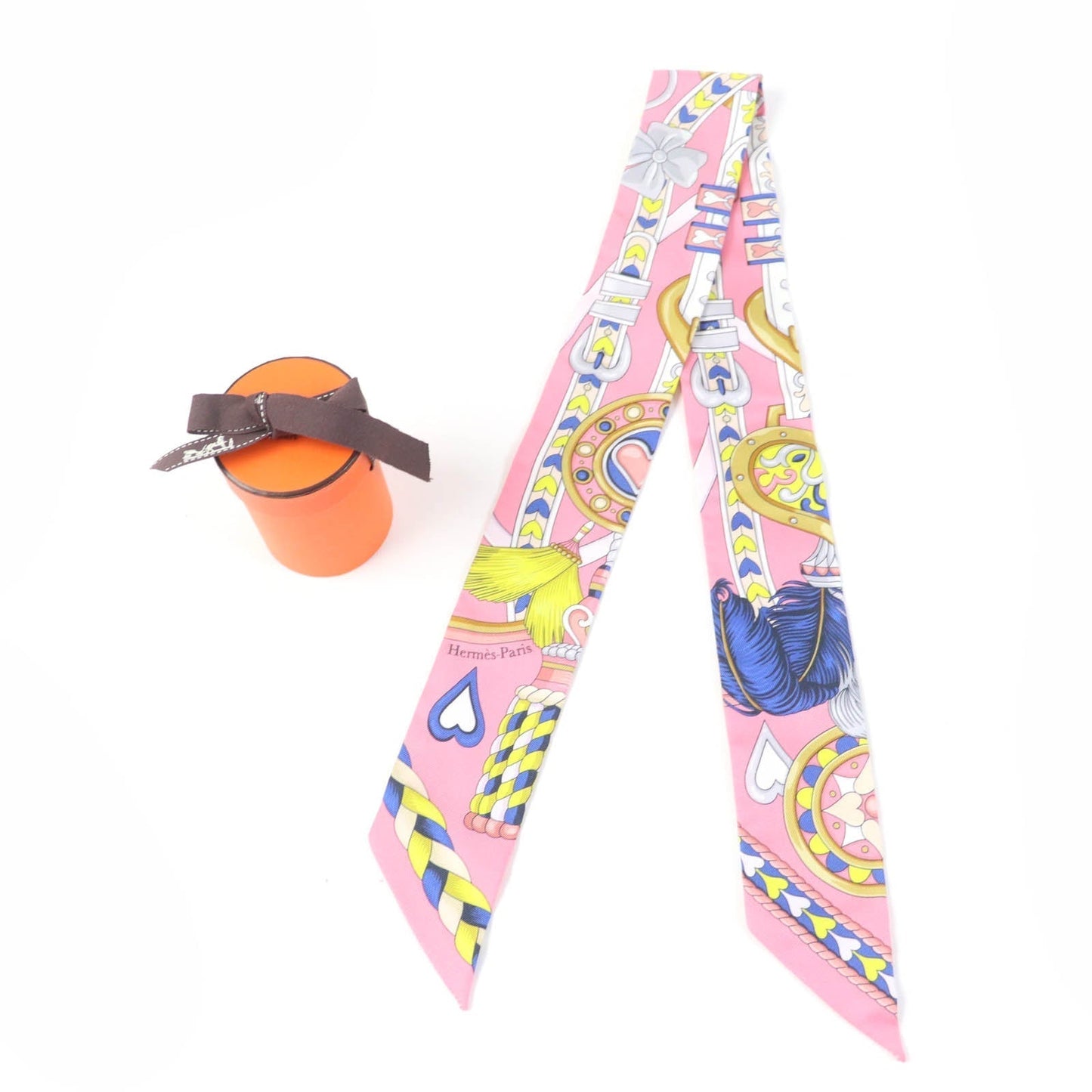 HERMES scarf silk Rose Bonbon/Blue Vif/White Twilly Arne de Coeur