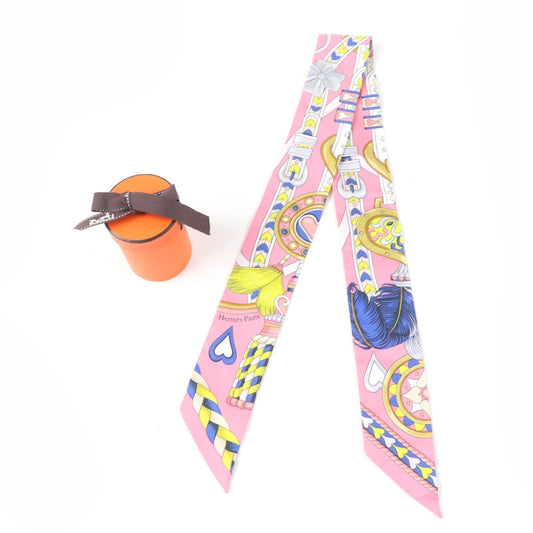 HERMES scarf silk Rose Bonbon/Blue Vif/White Twilly Arne de Coeur