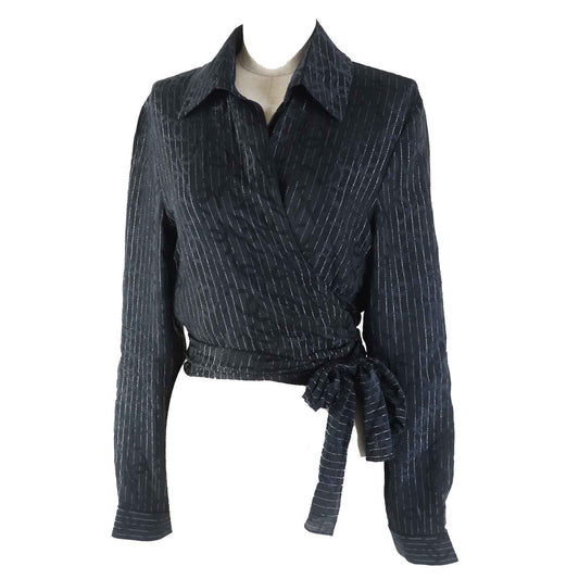 CHANEL Long sleeve shirt 23P P74411 Outer material: 97% silk, Outer material: 3% polyester Black Silver Women 40