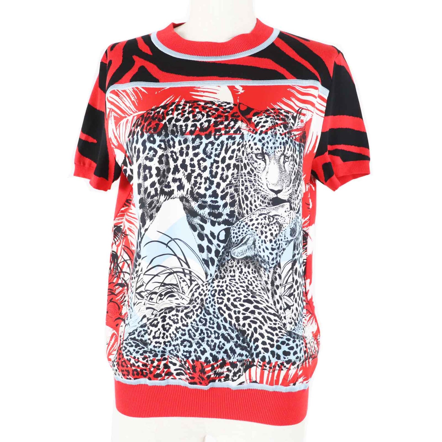 HERMES Short sleeve knit 3E2868D3 Main: 100% silk, Main: 86% rayon, Main: 10% silk, Main: 3% nylon, Main: 1% polyurethane Red x multi JUNGLE LOVE Women 36  d