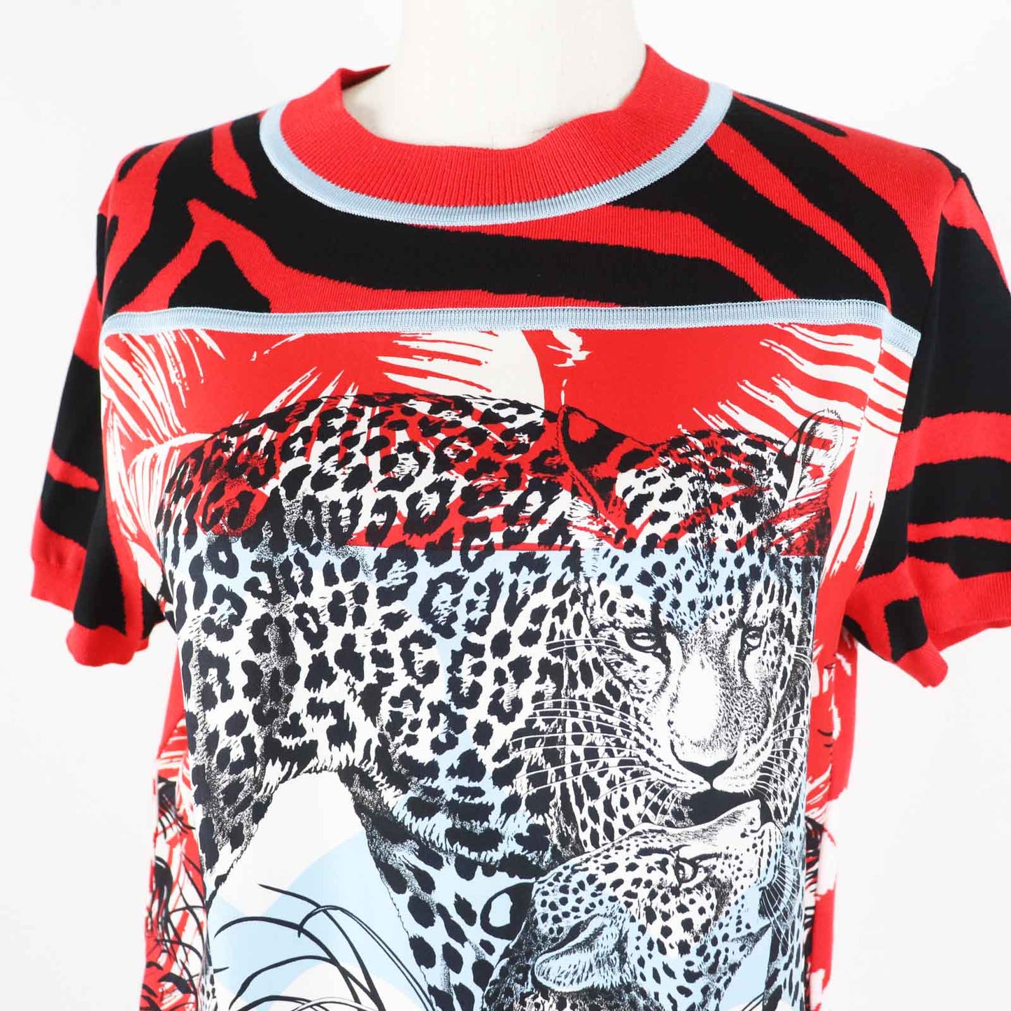 HERMES Short sleeve knit 3E2868D3 Main: 100% silk, Main: 86% rayon, Main: 10% silk, Main: 3% nylon, Main: 1% polyurethane Red x multi JUNGLE LOVE Women 36  d