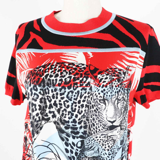 HERMES Short sleeve knit 3E2868D3 Main: 100% silk, Main: 86% rayon, Main: 10% silk, Main: 3% nylon, Main: 1% polyurethane Red x multi JUNGLE LOVE Women 36  d