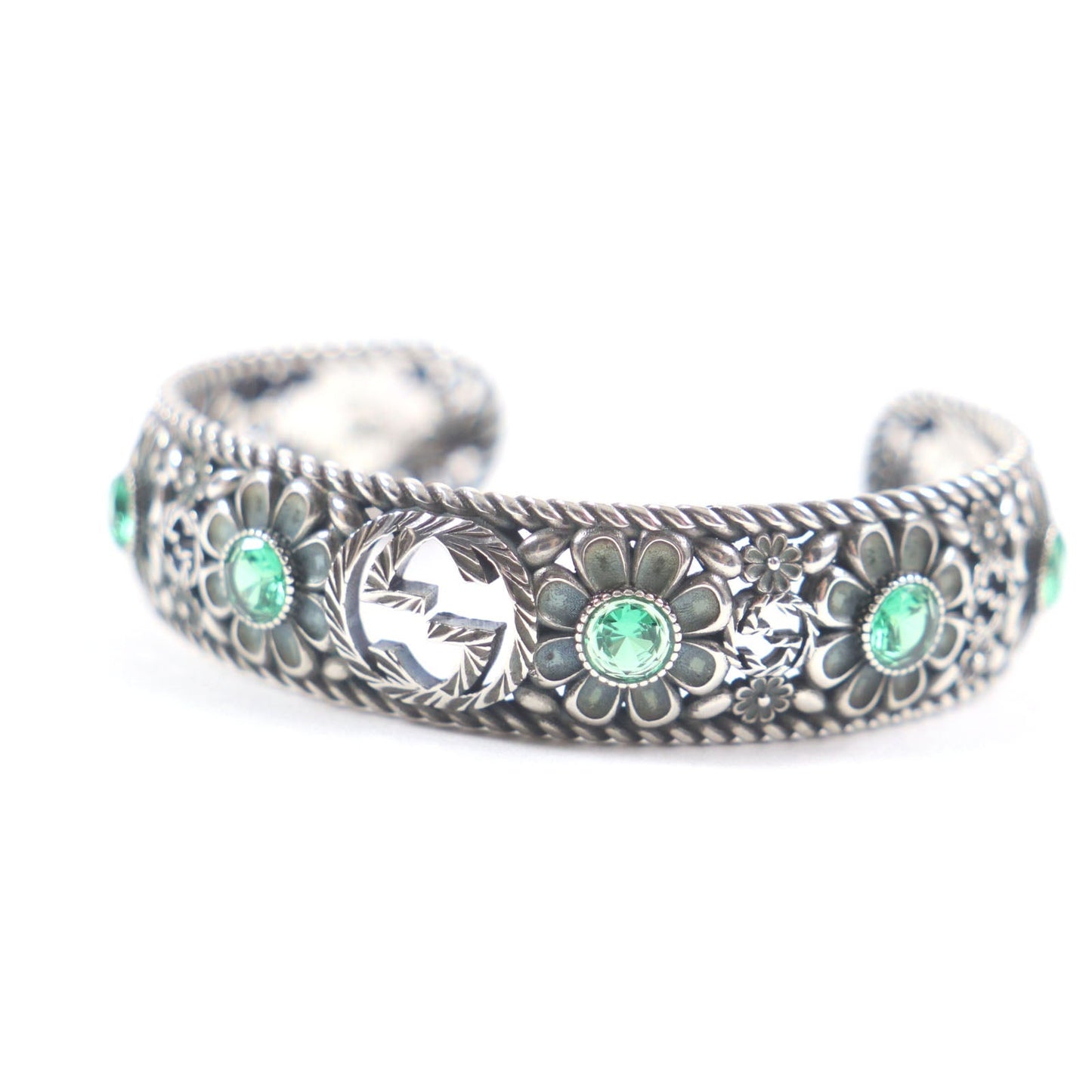 GUCCI bracelet AG925 Silver Green Crystal Floral Interlocking G 16