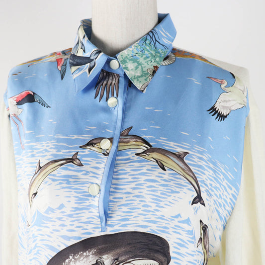 HERMES Short sleeve polo shirt Main: 100% silk, Main: 85% cotton, Main: 15% cashmere Light blue white The Precious Life of the Mediterranean Women M  d