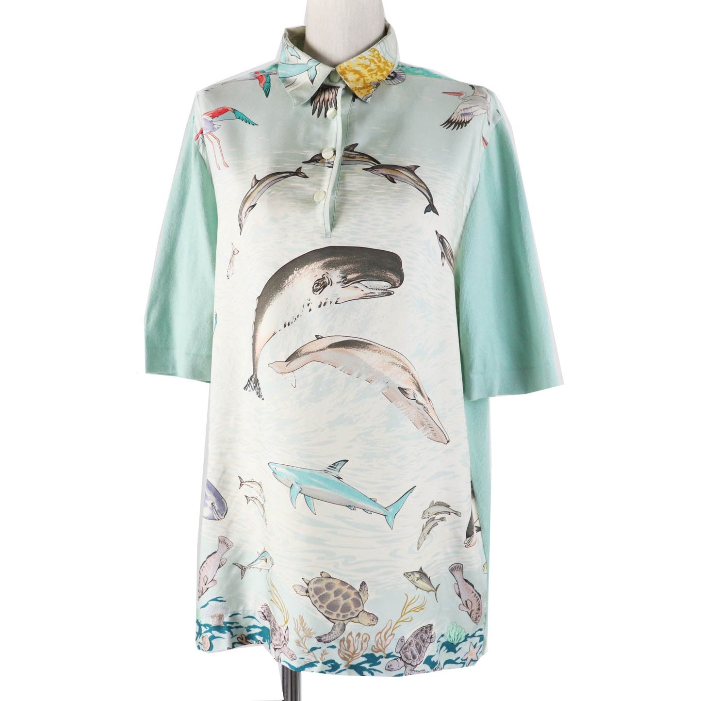 HERMES Short sleeve polo shirt Outer material: 100% silk, Outer material: 85% cotton, Outer material: 15% cashmere Light blue type The Precious Life of the Mediterranean Women M  d