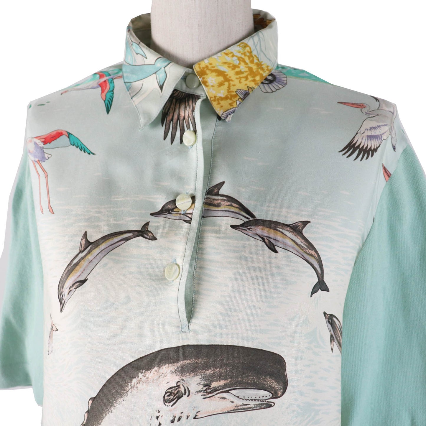 HERMES Short sleeve polo shirt Outer material: 100% silk, Outer material: 85% cotton, Outer material: 15% cashmere Light blue type The Precious Life of the Mediterranean Women M  d
