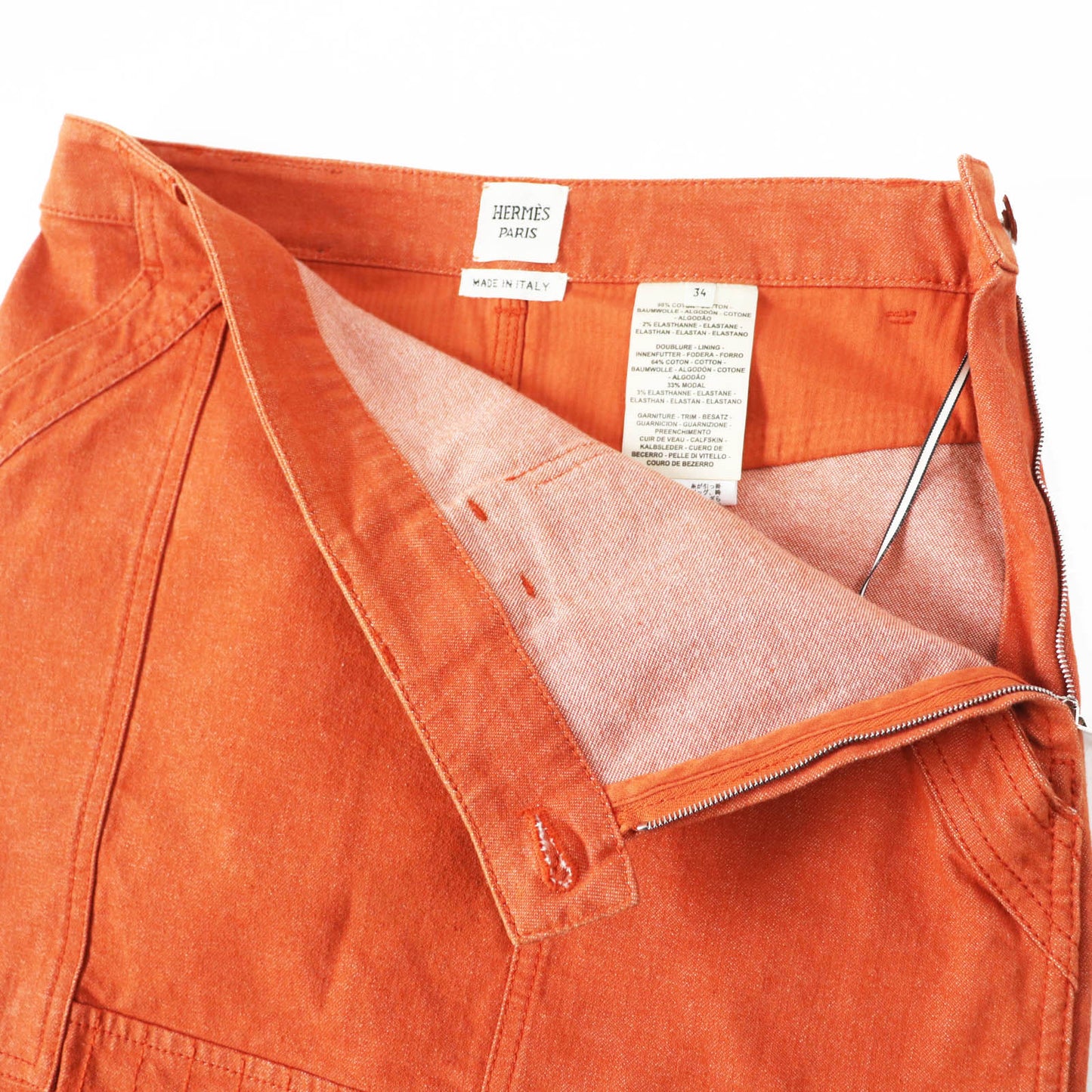 HERMES skirt 2E0350DQ Outer: 98% cotton, Outer: 2% polyurethane, Lining: 64% cotton, Lining: 33% rayon, Lining: 3% polyurethane Orange Crude cell Women 34  d