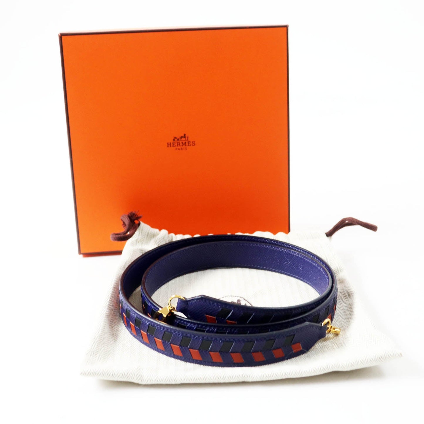 HERMES Shoulder strap Main: Leather Blue Black Brown bandouliere trace de cuir Women  d