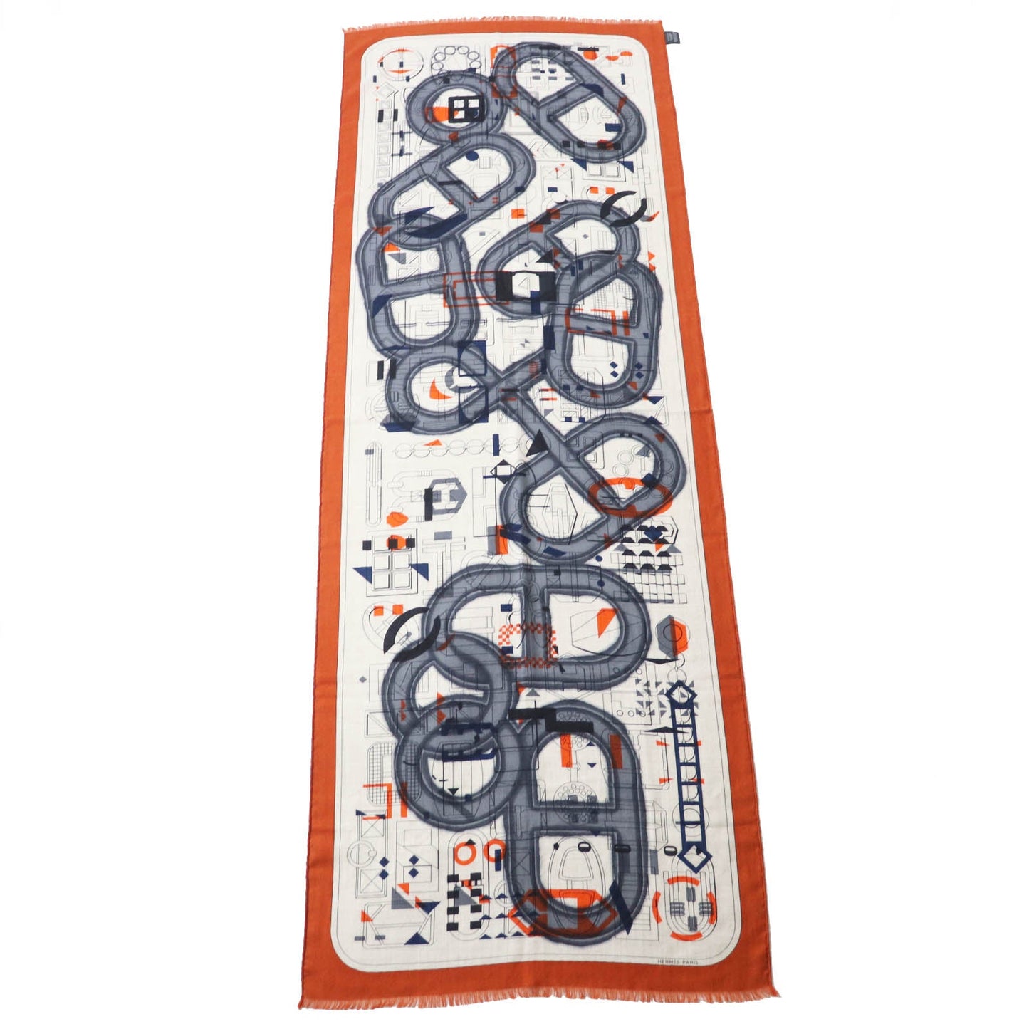 HERMES Stall Main: 70% cashmere, Main: 30% silk Etoupe/Orange/Indigo Rectangle Ampremour Fleur mens  d