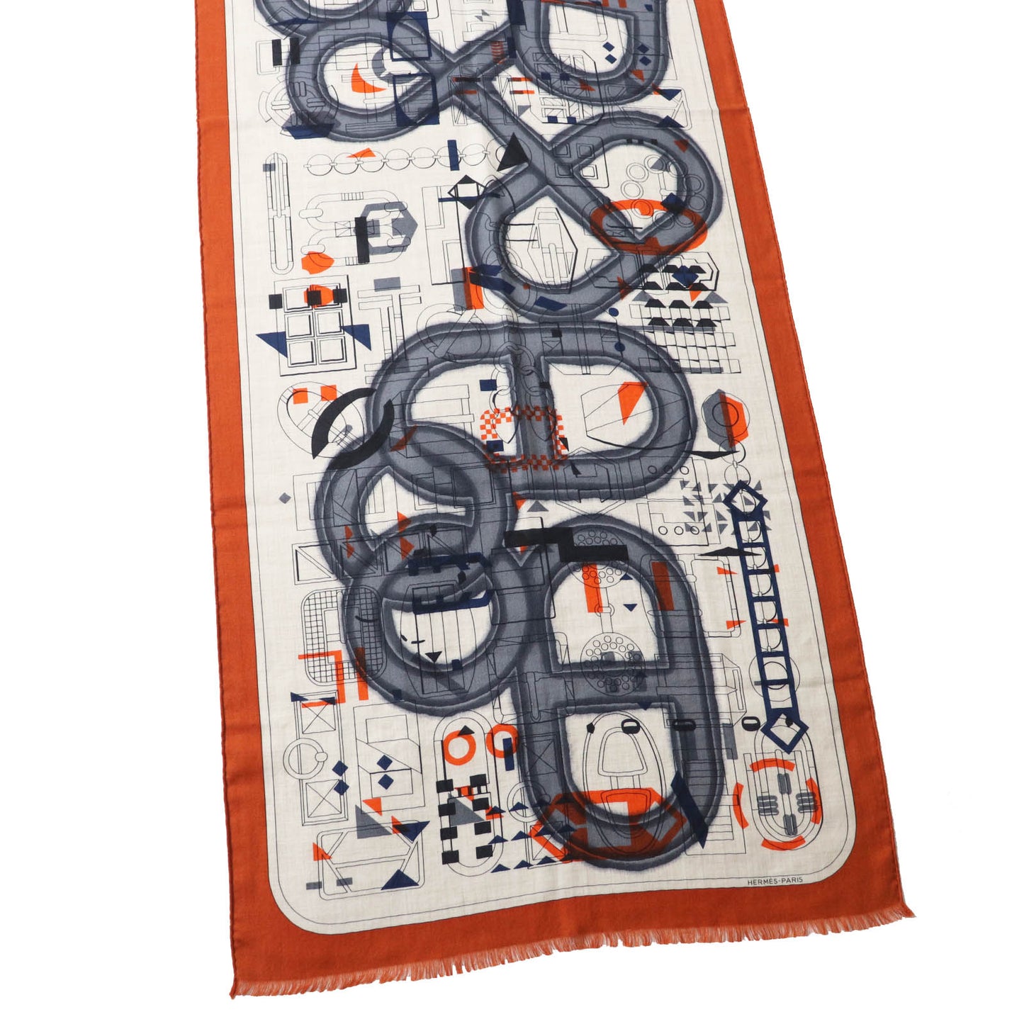 HERMES Stall Main: 70% cashmere, Main: 30% silk Etoupe/Orange/Indigo Rectangle Ampremour Fleur mens  d