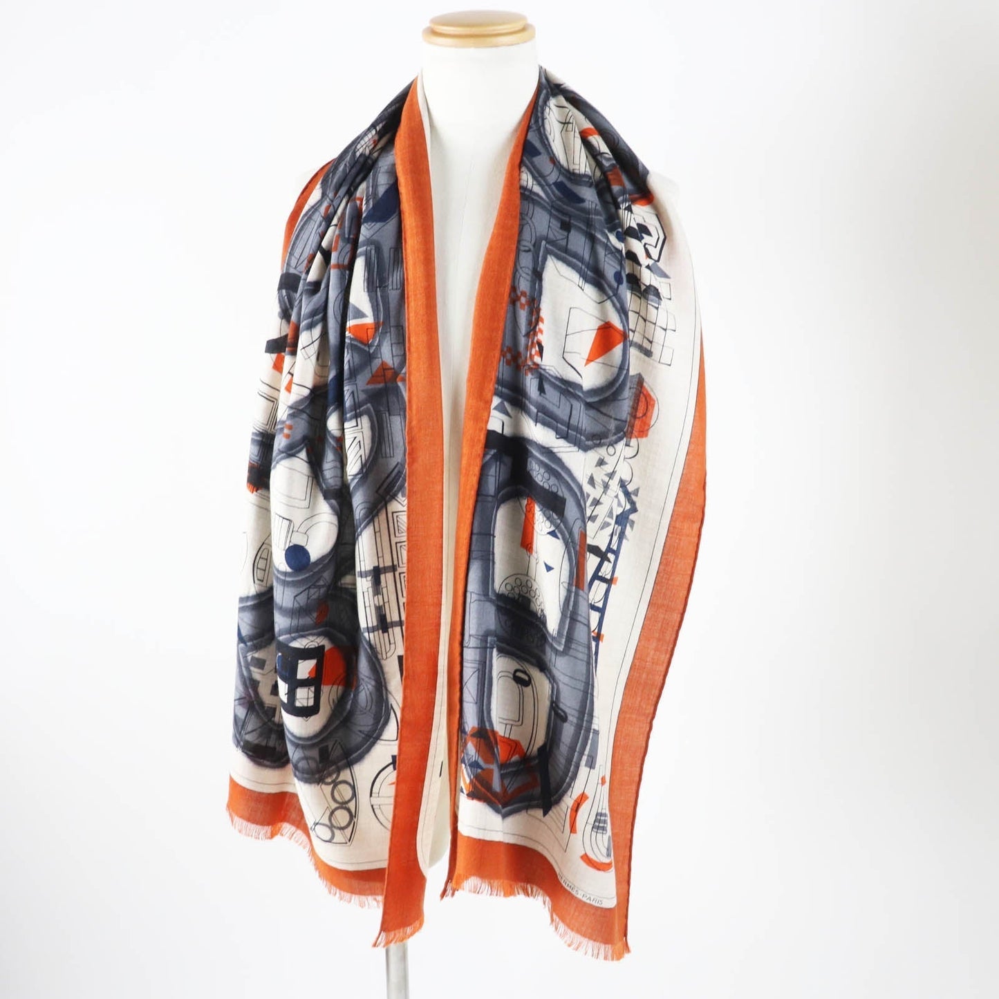 HERMES Stall Main: 70% cashmere, Main: 30% silk Etoupe/Orange/Indigo Rectangle Ampremour Fleur mens  d