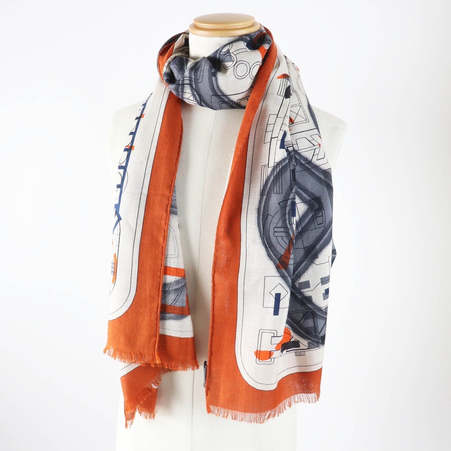 HERMES Stall Main: 70% cashmere, Main: 30% silk Etoupe/Orange/Indigo Rectangle Ampremour Fleur mens  d