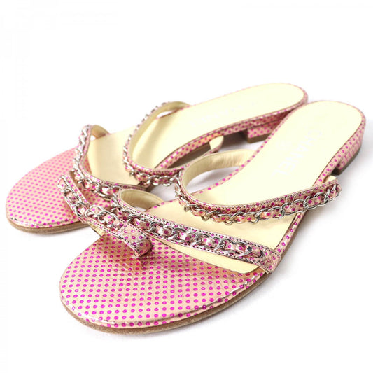 CHANEL Mule leather Pink type COCO MarkMetal Flat sandals with dot pattern chain Women 35 1/2