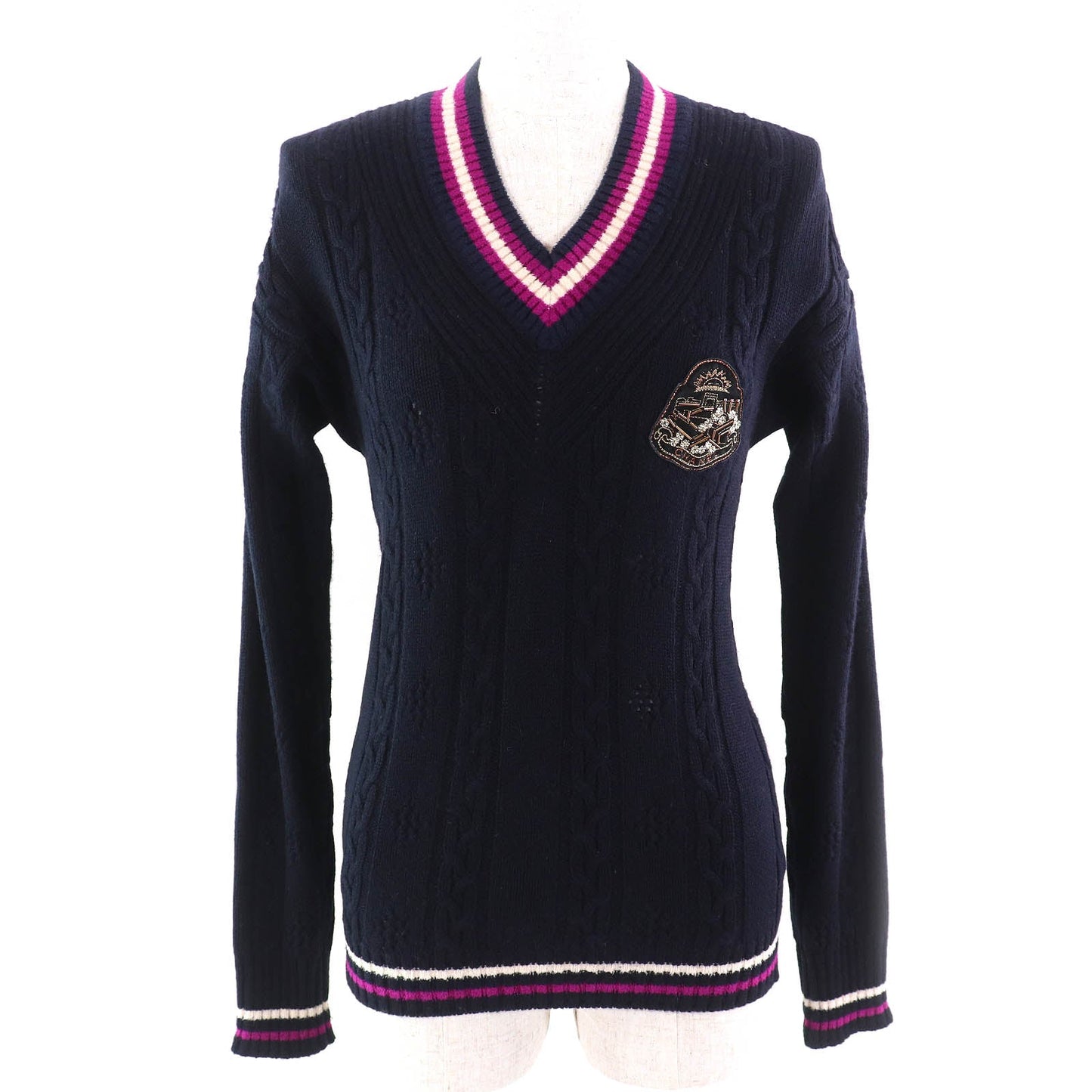 Chanel Logo Emblem V-neck Cashmere Knit Sweater
