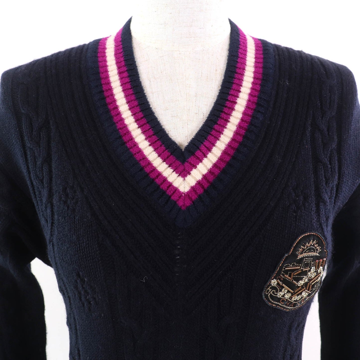 Chanel Logo Emblem V-neck Cashmere Knit Sweater