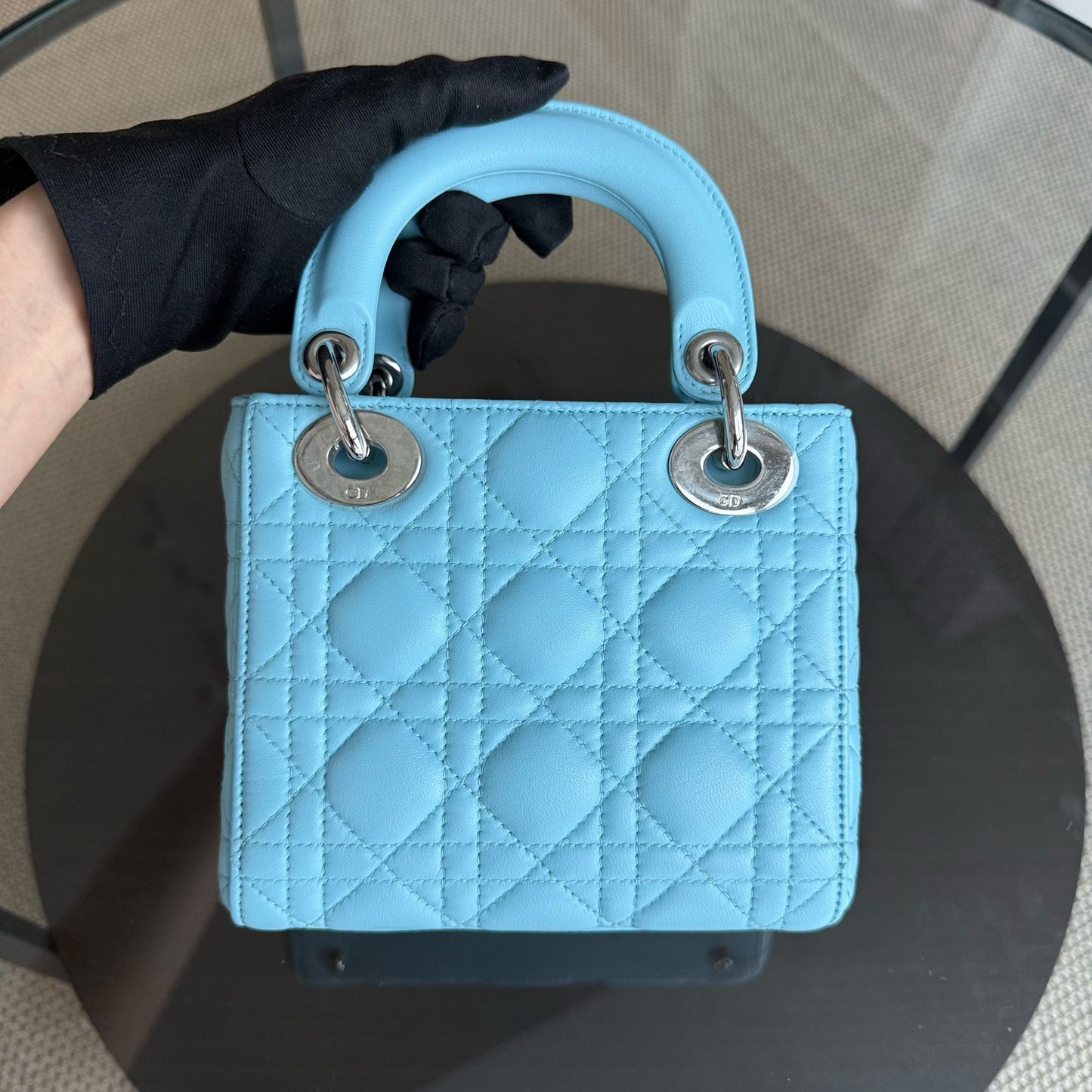 Dior Lady Mini - Cannage Lambskin Light Blue Silver Hardware Adjustable strap