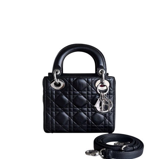 Dior Lady Mini - Cannage Lambskin Black Silver Hardware Adjustable Strap