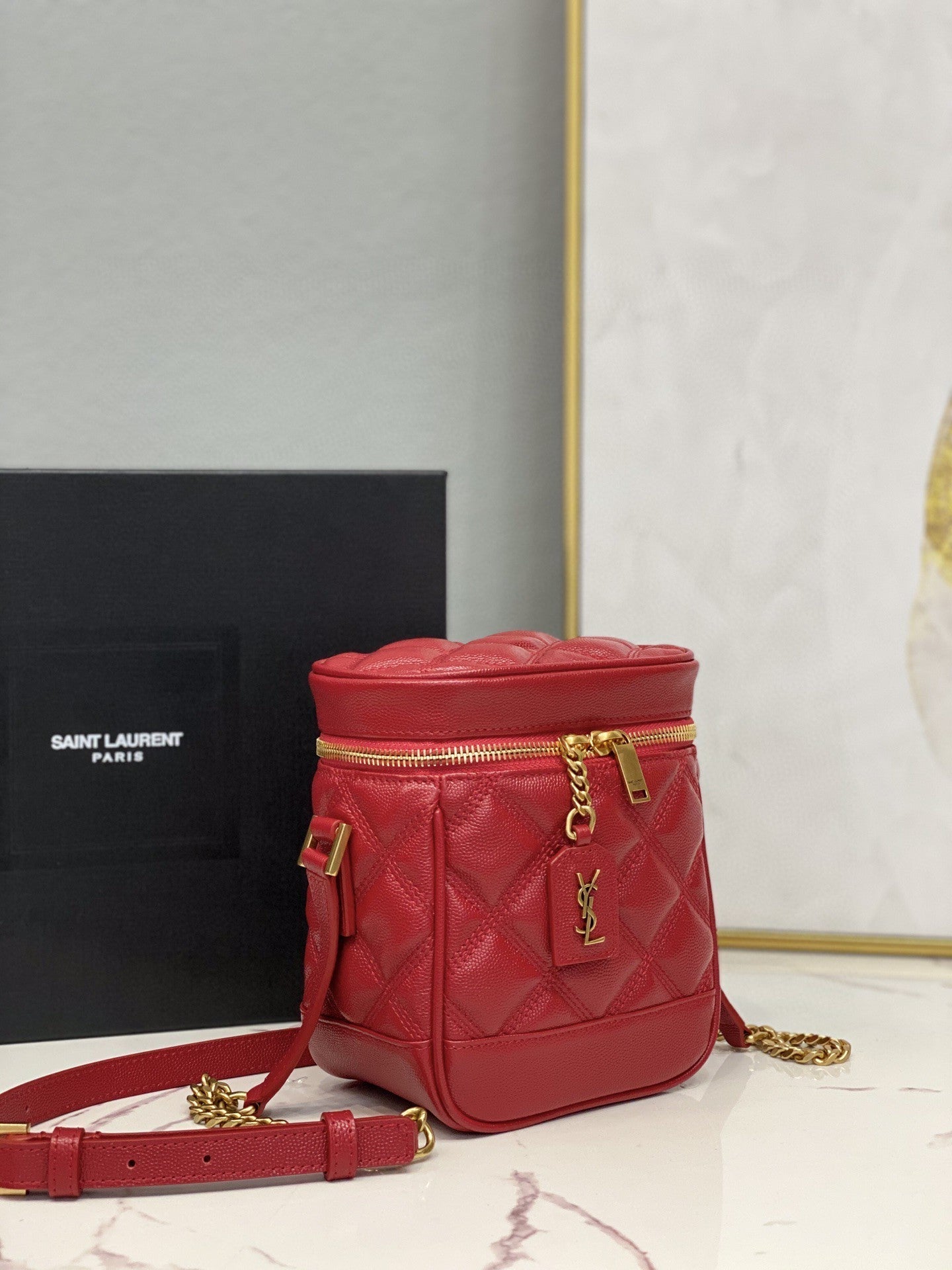 YSSL 80’s Vanity Bag In Carré-Quilted Grain De Poudre Red For Women 6in/16.5cm YSL 649779DME276805