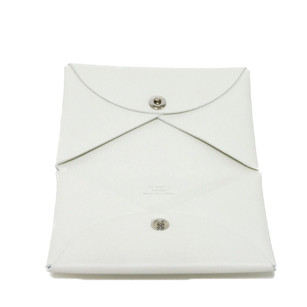 HERMES Card Case Evercolor Nata White Ivory Snap Button Bifold Wallet Business Card Holder Pass Case Good Condition Calvi unisex(Unisex)  d