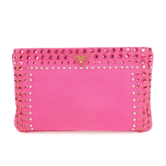 PRADA Canvas Bijoux Studded Clutch Bag Pink BP521O  d