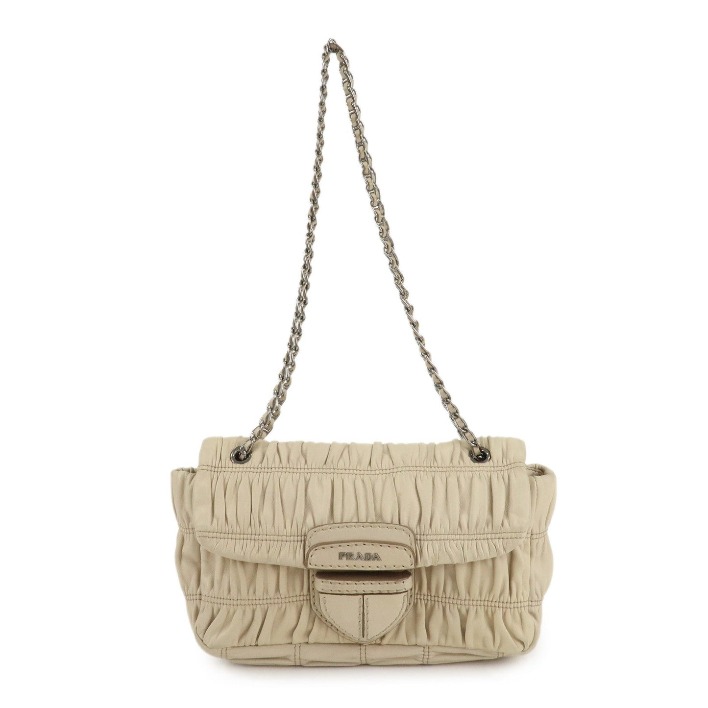 PRADA Leather Gathered Chain Shoulder Bag Ivory B4695C  d