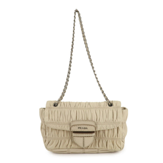 PRADA Leather Gathered Chain Shoulder Bag Ivory B4695C  d