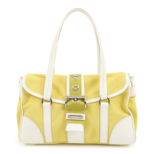 PRADA Triangle Logo Canvas Leather Shoulder Bag Yellow Silver HDW  d