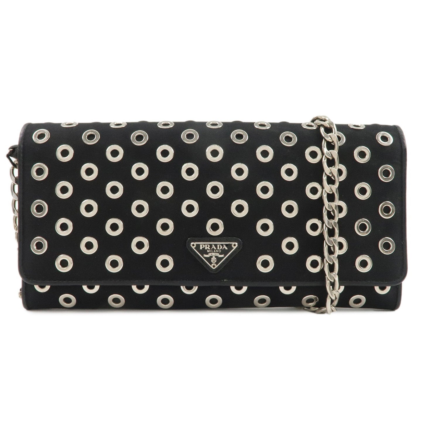 PRADA Grommet Nylon Leather Chain Long Wallet Black Silver HDW  d