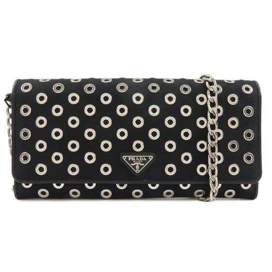 PRADA Grommet Nylon Leather Chain Long Wallet Black Silver HDW  d