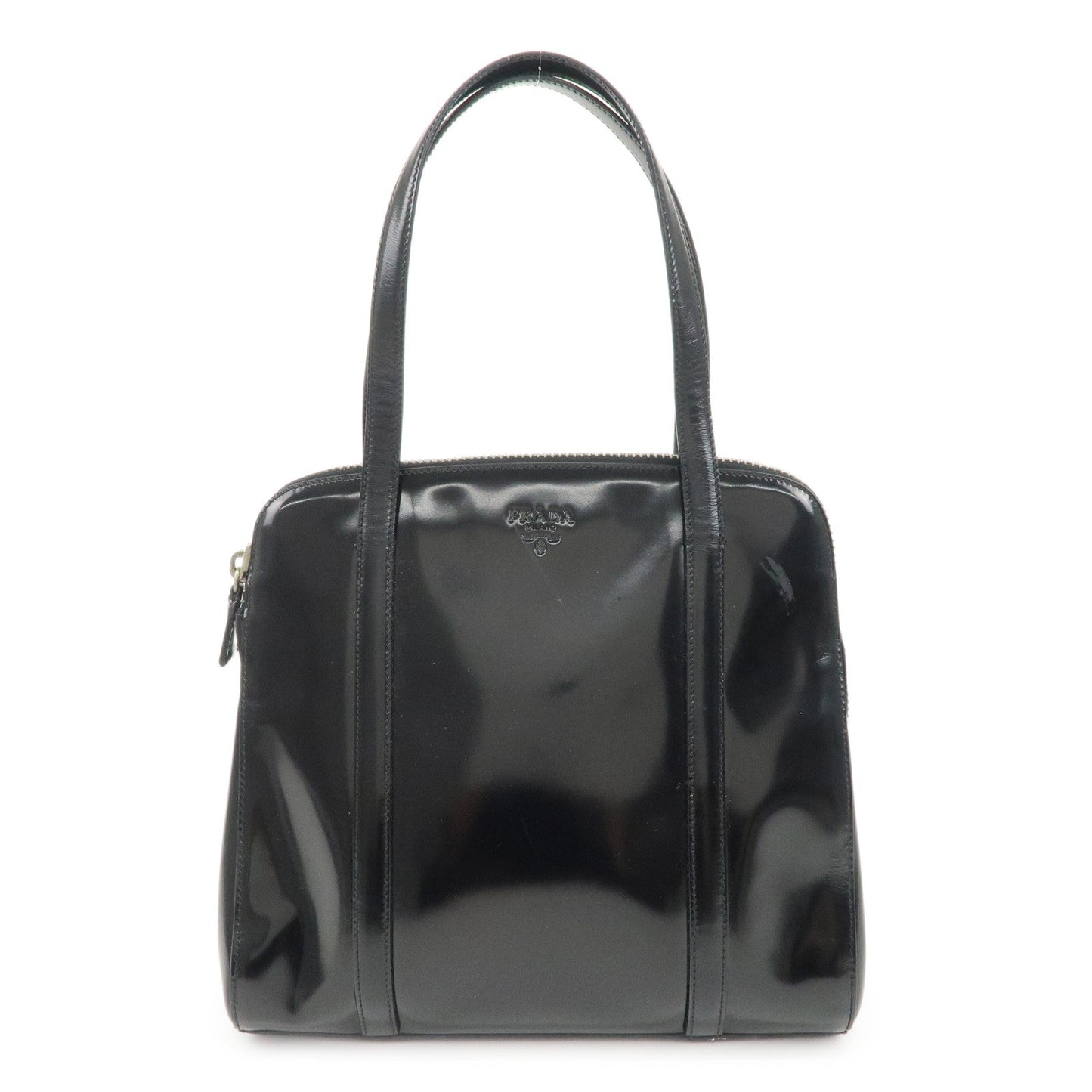 PRADA Patent Leather Tote Bag Hand Bag Black Silver HDW  d