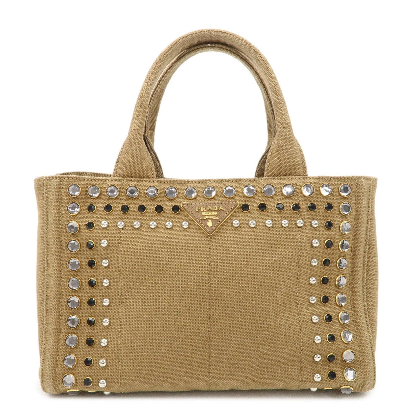 PRADA Logo Canapa Canvas Bijou Studs 2Way Hand Tote Bag Brown  d