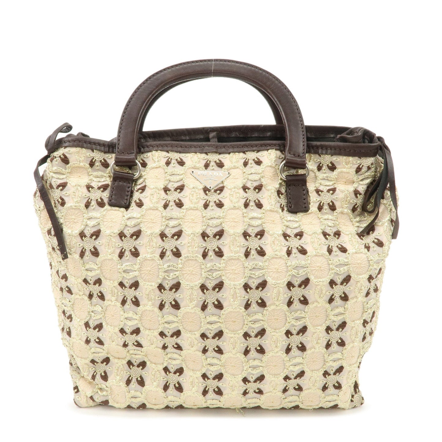 PRADA Tweed Flower Embroidery Tote Bag Beige Gold Dark Brown  d