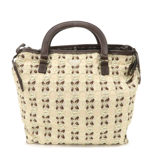 PRADA Tweed Flower Embroidery Tote Bag Beige Gold Dark Brown  d