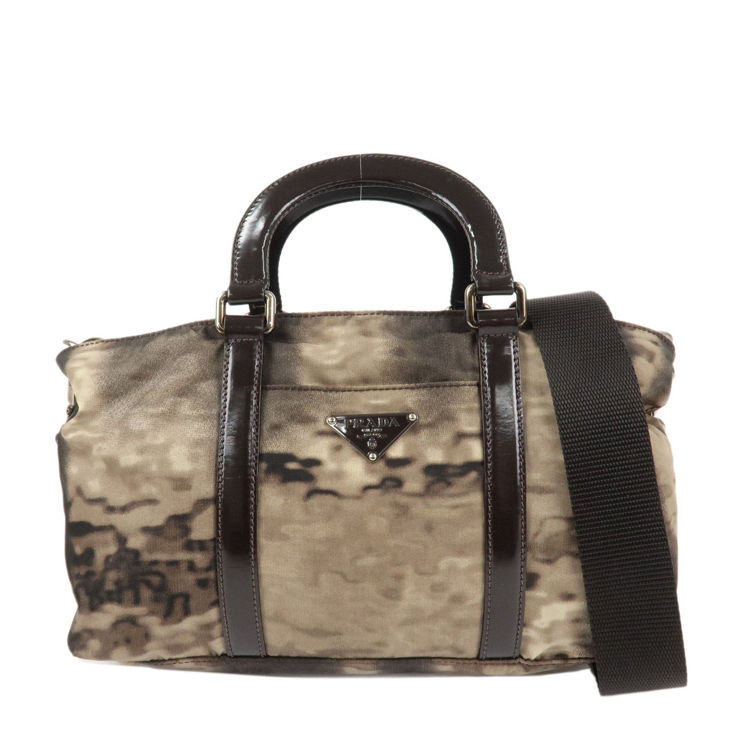 PRADA Nylon Patent Leather 2Way Bag Beige Black Dark Brown  d