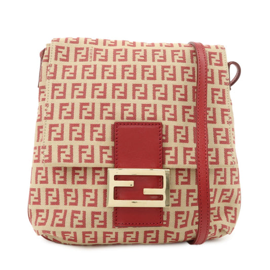 FENDI Zucchino Canvas Leather Shoulder Bag Beige Red 8BT075  d