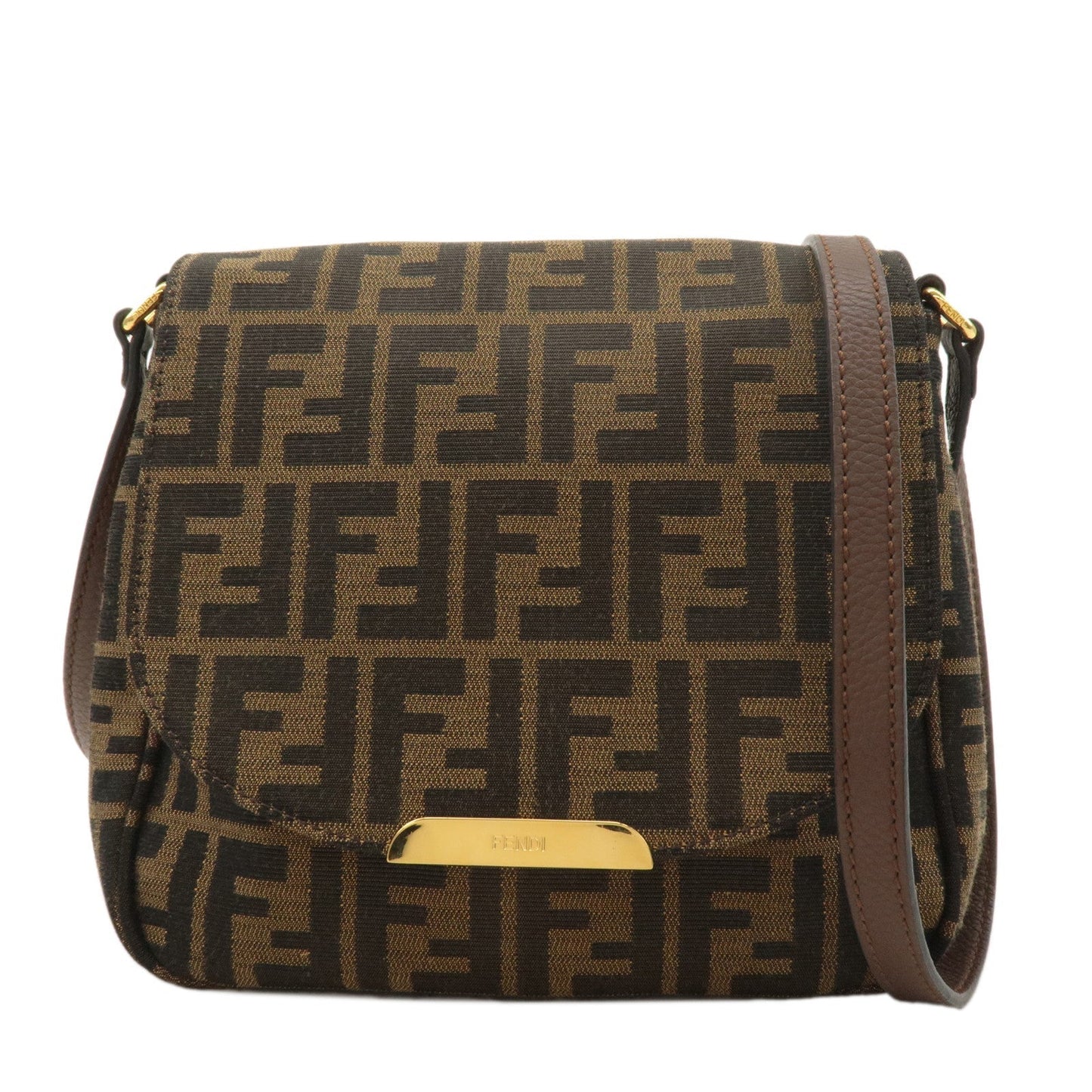 FENDI Zucca Canvas Leather Shoulder Bag Khaki Brown