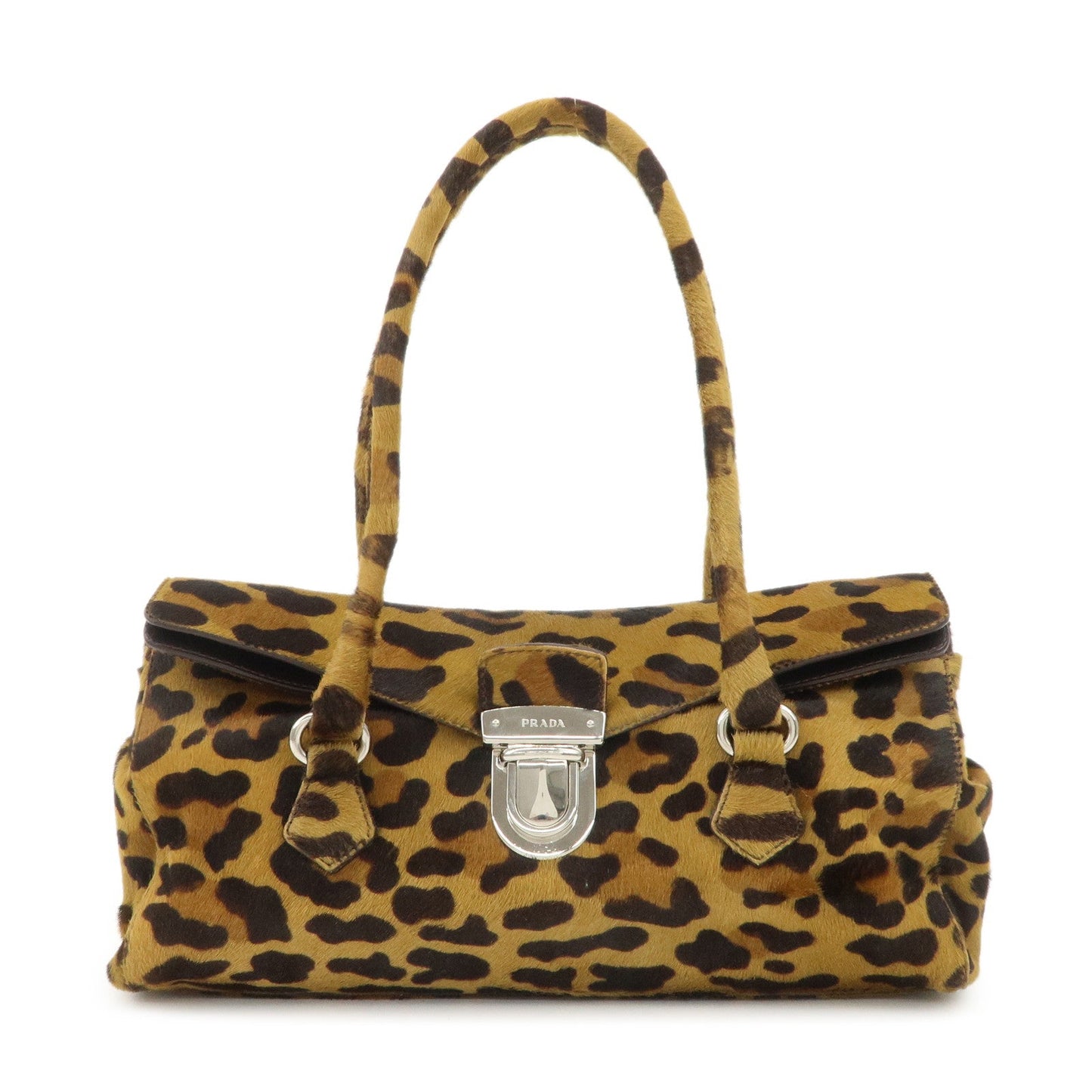 PRADA Logo Unborn Calf Leopard Shoulder Bag Hand Bag Brown  d