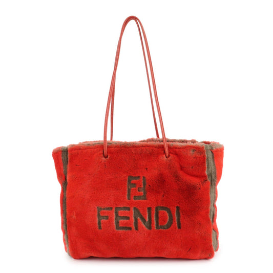 FENDI Leather Fake Fur Shoulder Bag Tote Bag Red  d