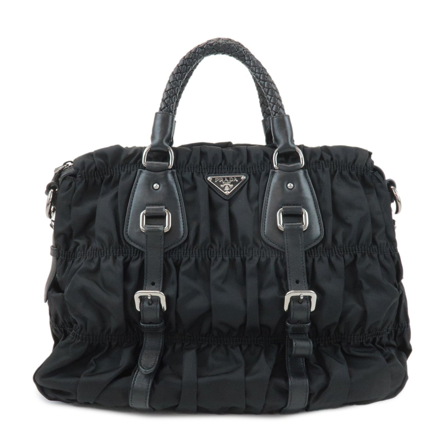 PRADA Logo Leather Gathered 2Way Hand Bag Black BN1336  d