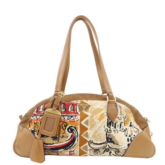 PRADA Logo Canvas Leather Nylon Shoulder Bag Boston Bag Brown  d