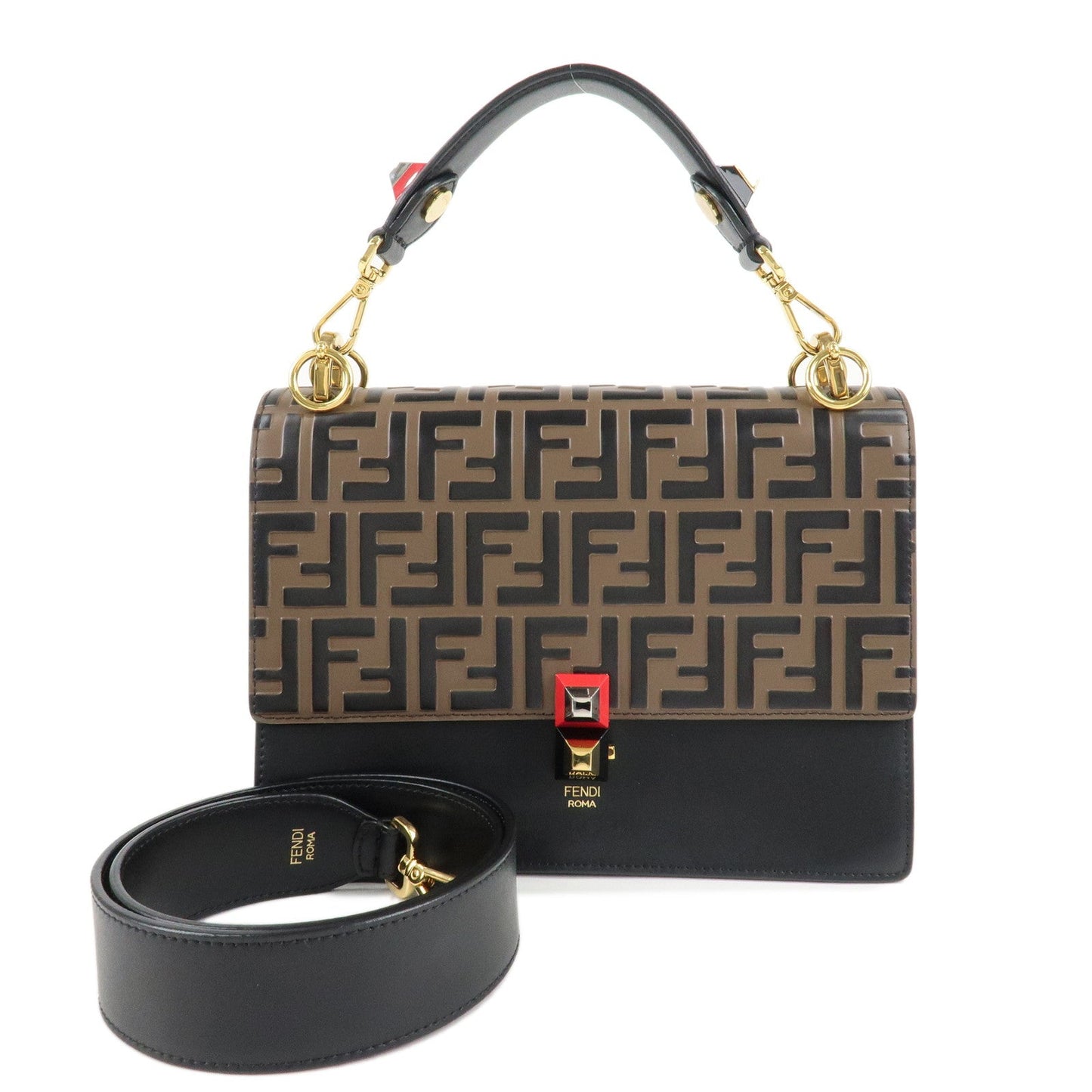 FENDI Zucca KAN I Leather 2Way Bag Hand Bag Brown Black 8BT283  d