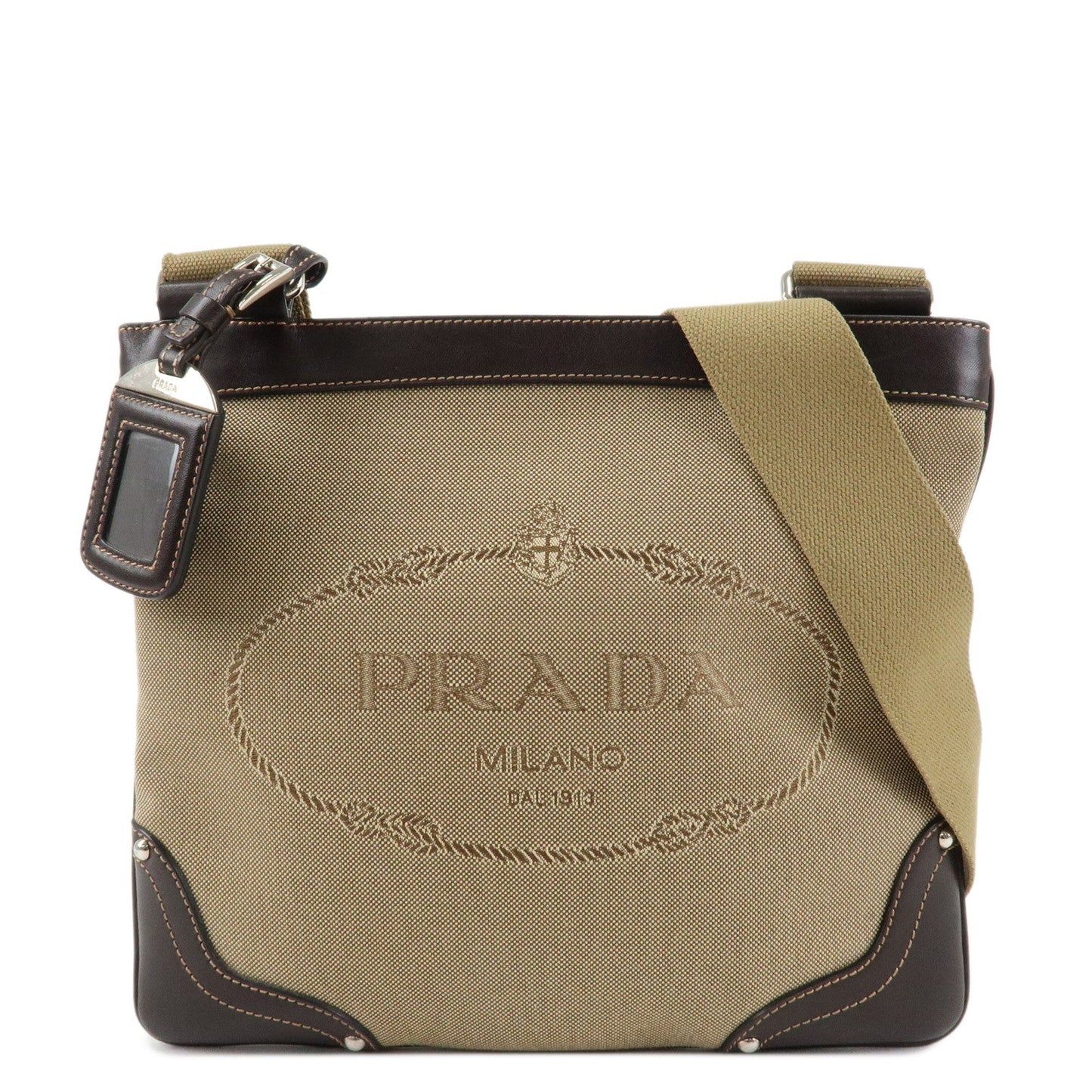 PRADA Logo Jacquard Leather Shoulder Bag Beige Dark Brown M506A  d