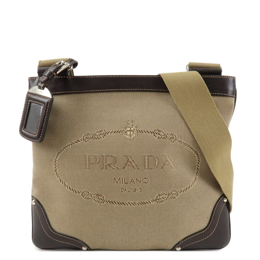 PRADA Logo Jacquard Leather Shoulder Bag Beige Dark Brown M506A  d