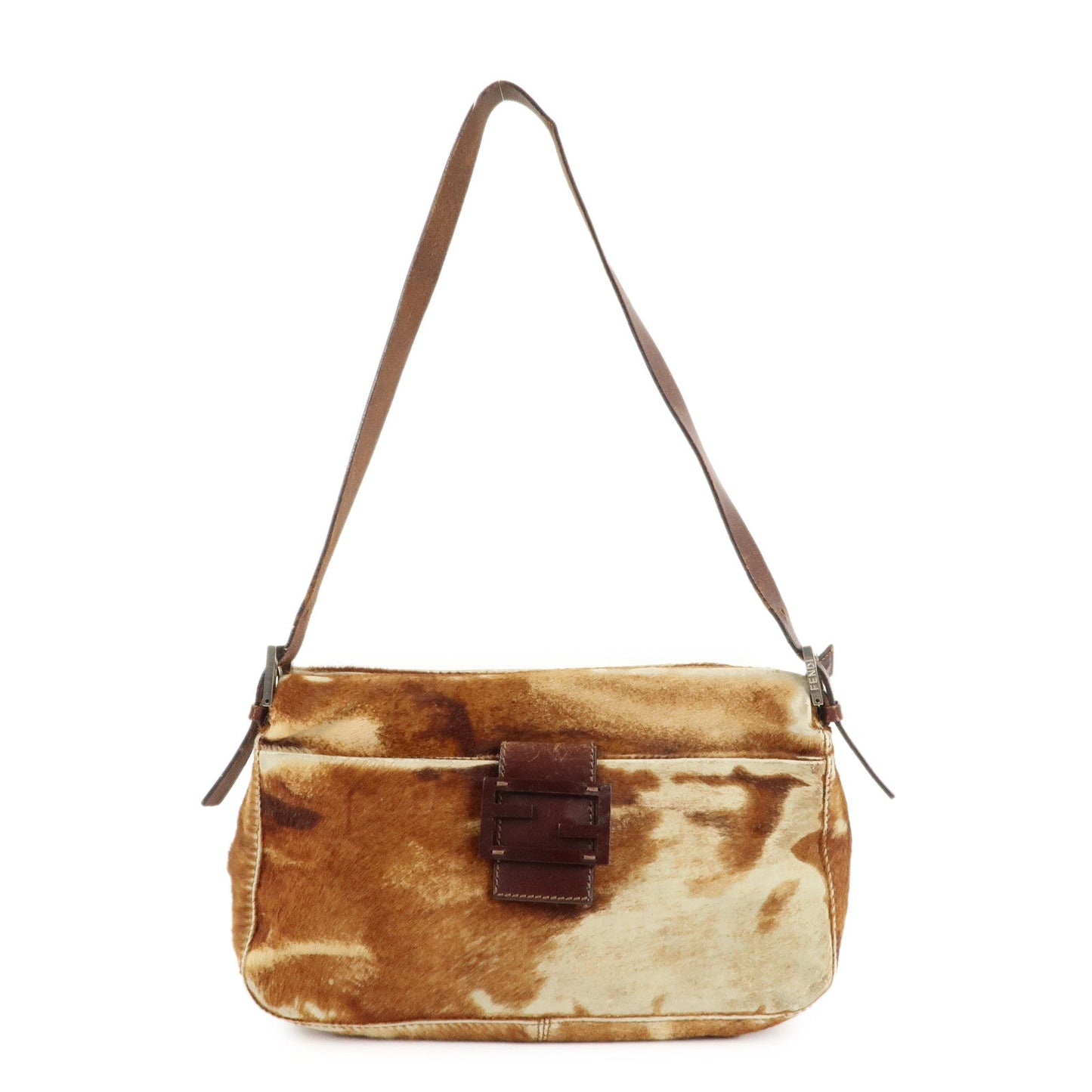 FENDI Unborn Calf Leather Shoulder Bag Brown Beige 26566  d